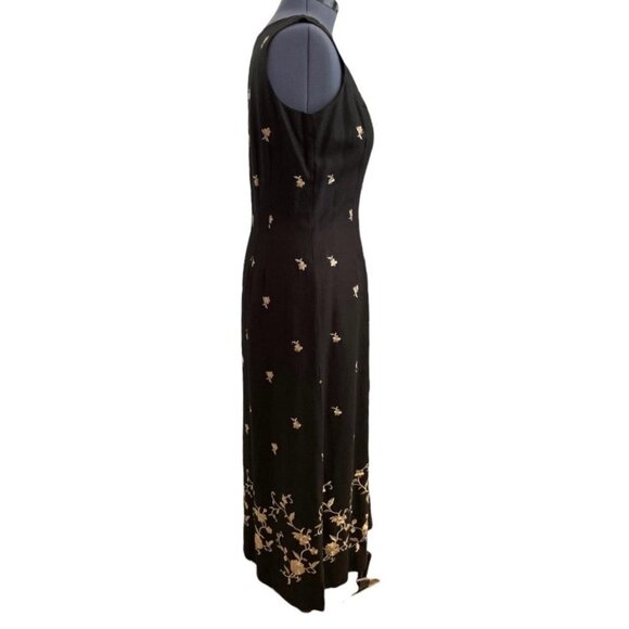 Vintage JACK MULQUEEN NY Women's Size 14 Black Linen Sheath Dress Tan Embroidery - Picture 2 of 8
